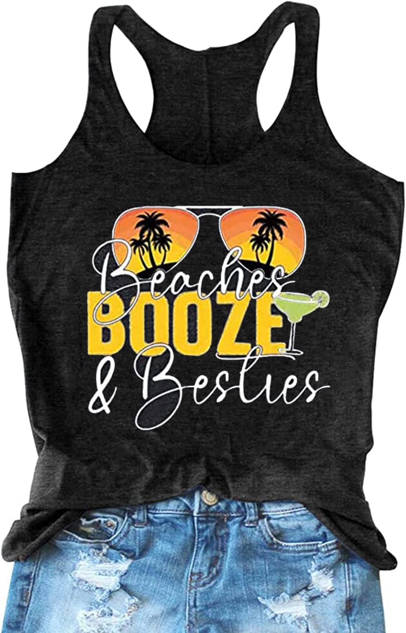 Beaches & Besties Racerback Tank Tops Women Summer Beach Vacation Tanks Funny Sunglasses Graphic Letter Print Shirt