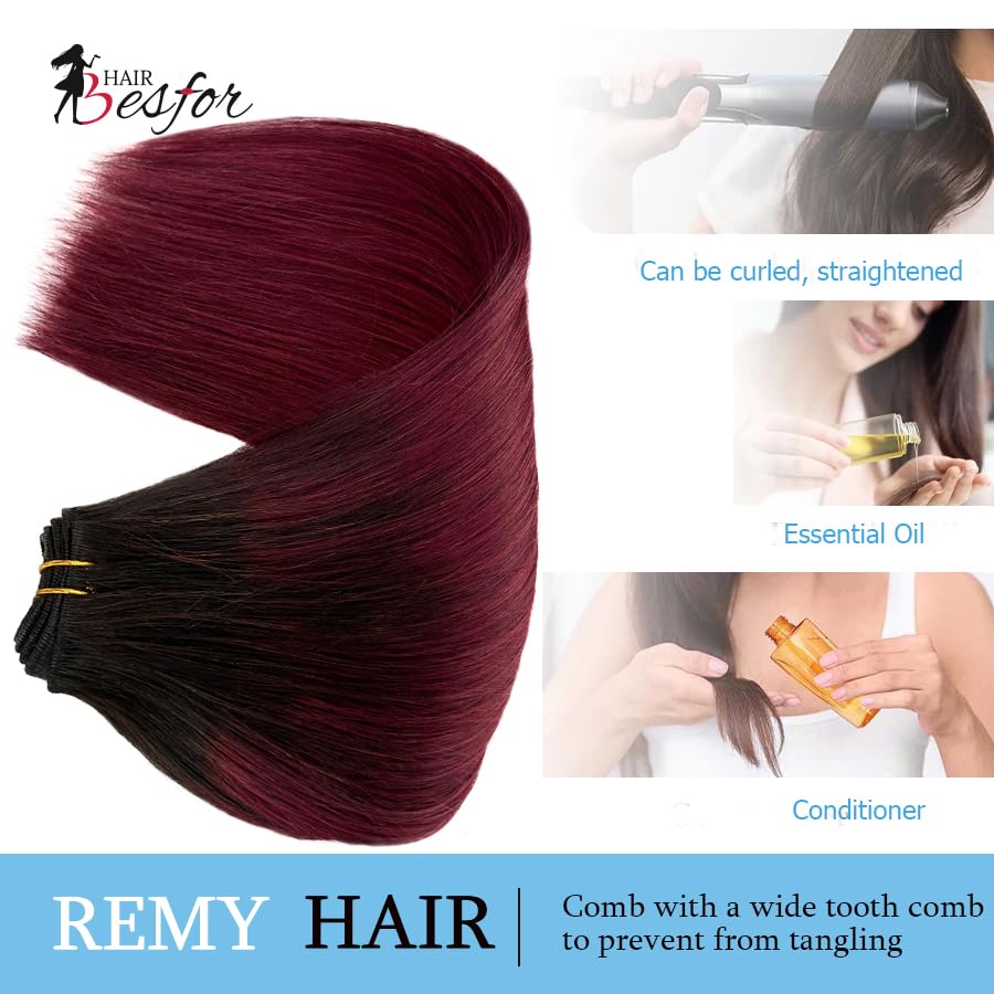 Miniatura 5 de Extensiones de cabello humano para coser, color burdeos, atadas a mano, extensiones de cabello de trama de 16 pulgadas, sedosas y lacias,