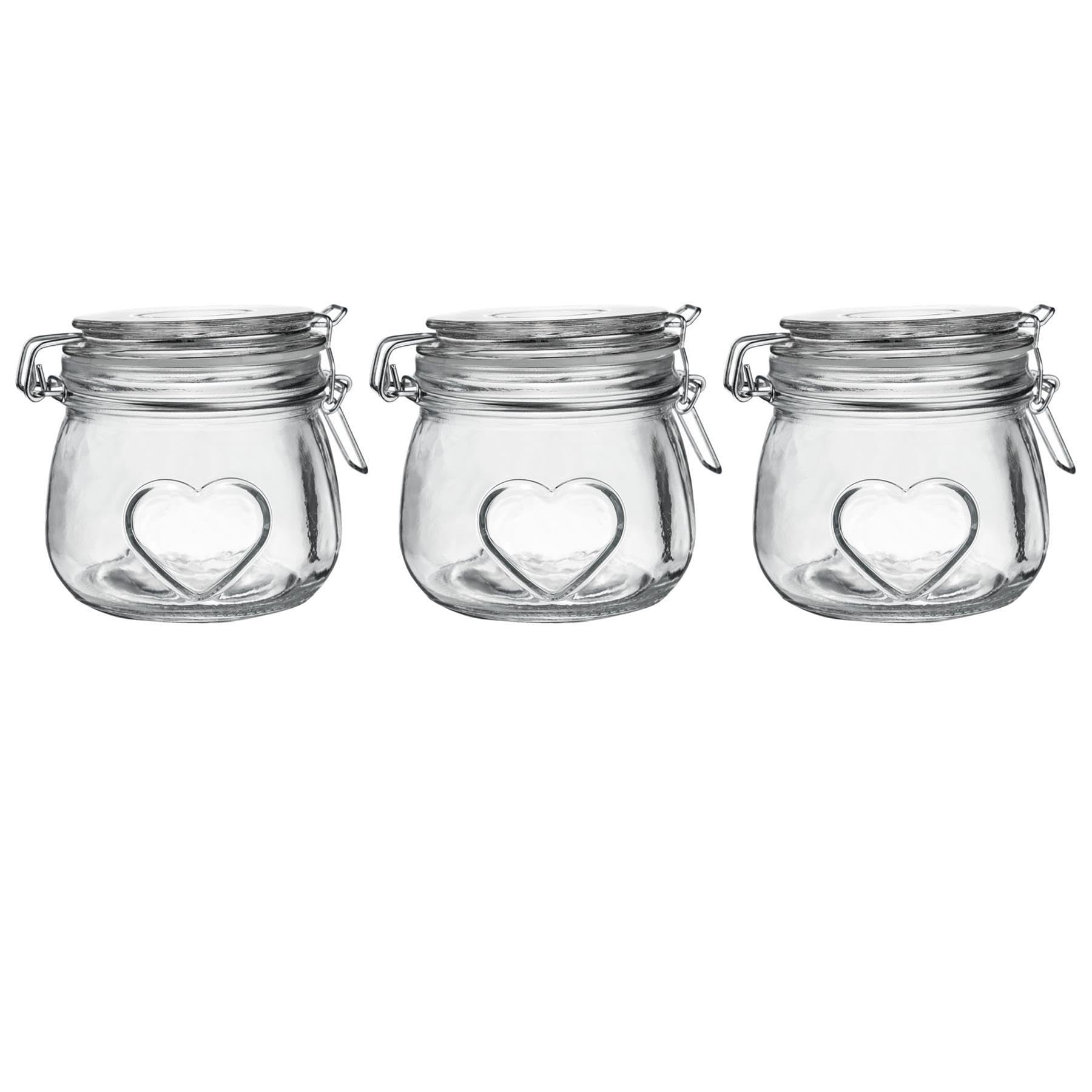 B&Q -  Heart Glass Food Storage Jars 500MlPack Of 3Airtight Clip Top Kitchen Containers Clear Seal