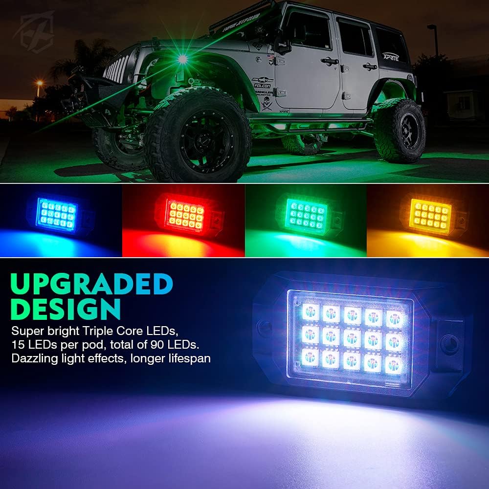 Xprite Bluetooth RGB LED Rock Lights Kit, Multicolor Neon Accent Music Flashing Lighting Underglow Kits with RF Controller for Off-Road, Trucks, Cars, UTV, ATV, SUV, RZR, Motorcycles, Boats - 6 PCS : Everything Else