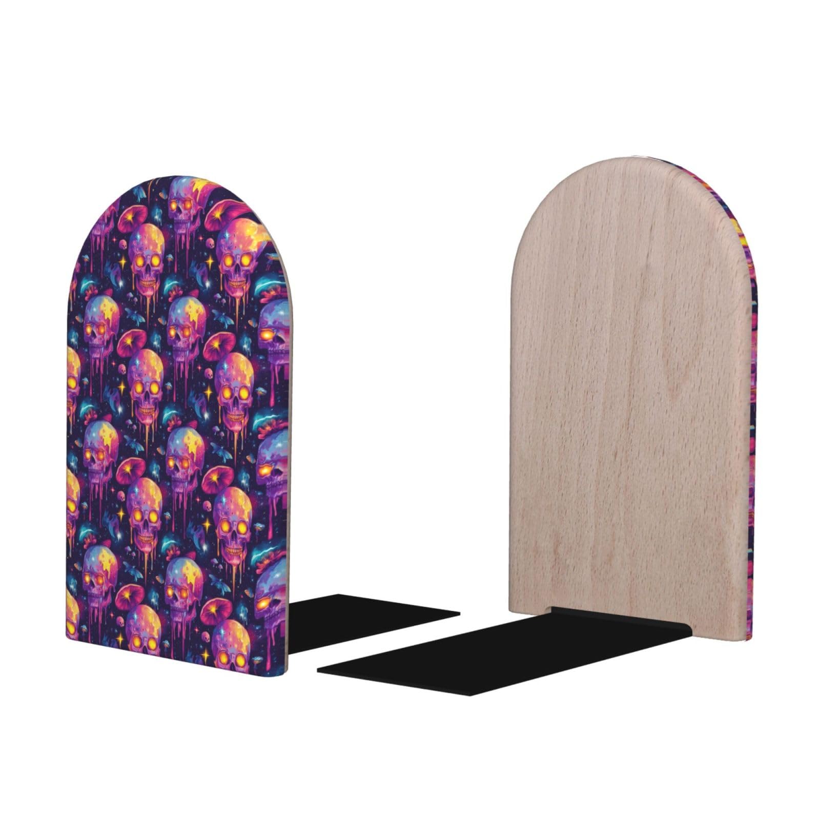 Colorful Skull Print BookEnds 1 Pair, Decorative Bookends for Heavy Books, Wood Book Ends for Shelves, Book Organizer for Home Desk Office Supplies