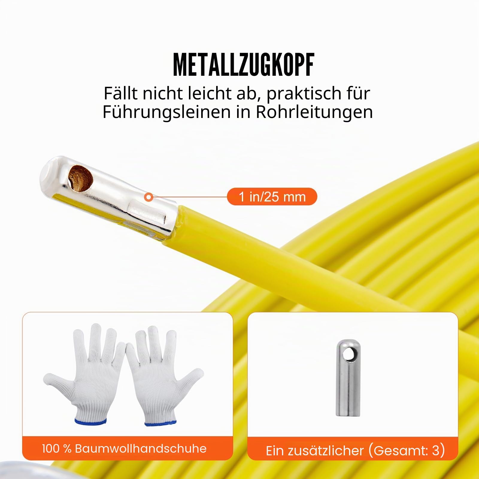 VEVOR Fiberglas Kabel Rad 150m Ø7,9mm Glasfaserstab inkl. Stahlhaspel Handschuhe Bremsgriff Metall-Zugköpfe Fischband -40℃ bis +80℃ Einziehhilfe Einziehband Einziehspirale