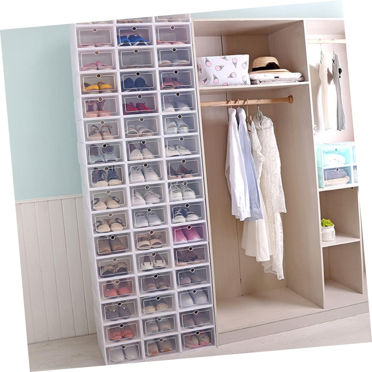 24pcs Stackable Transparent Shoe Storage Box Thick Plastic Organizer for Small Shoes for Closet Entryway and under Bed
