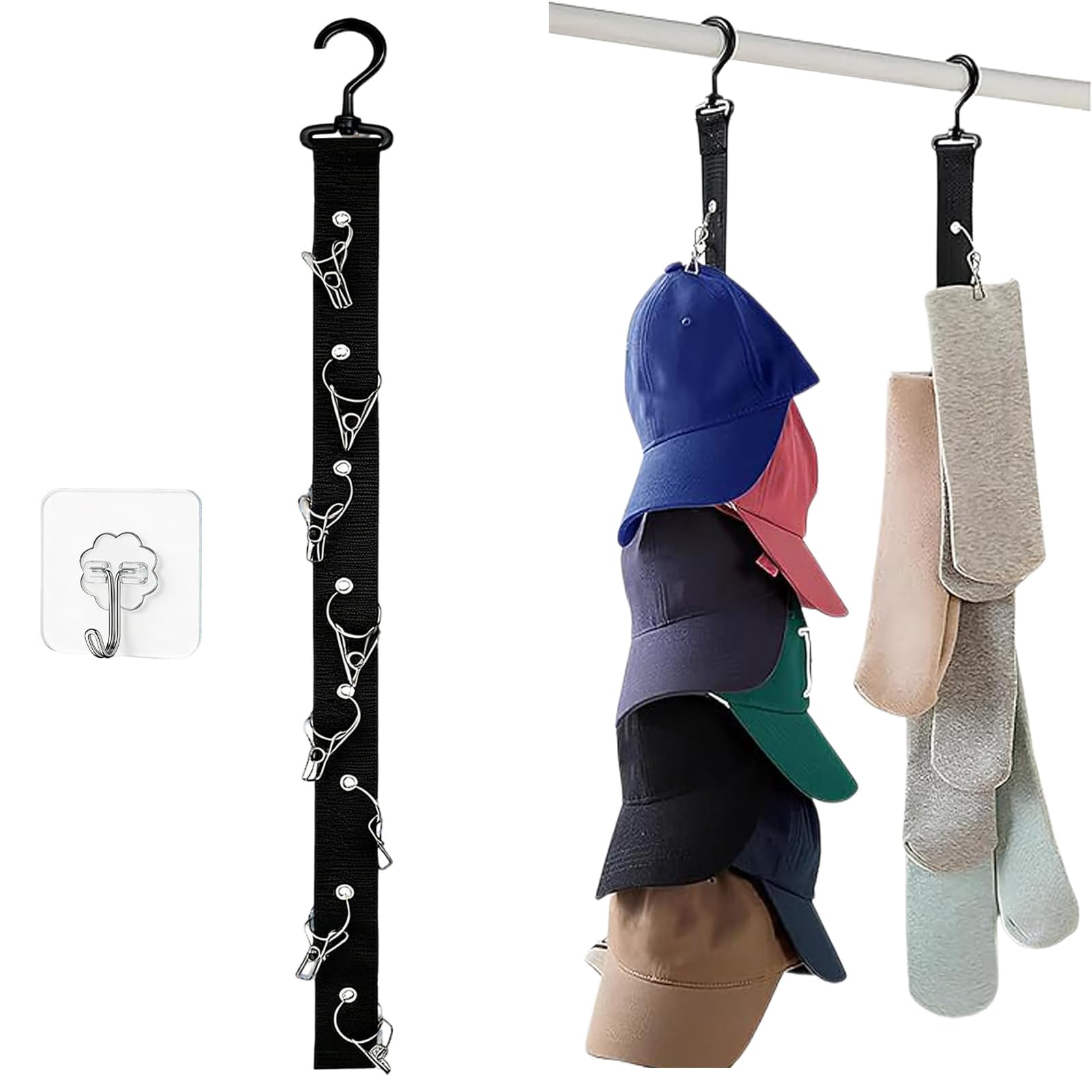 Wall Hanging Hat Organizer Clip Belt,8 Clip with Adhesive Hook | Nylon Strap with Stainless Steel Clips,for Caps and Lightweight Accessories,Hanging Cap Holder for Closet,Door or Hook-image-22