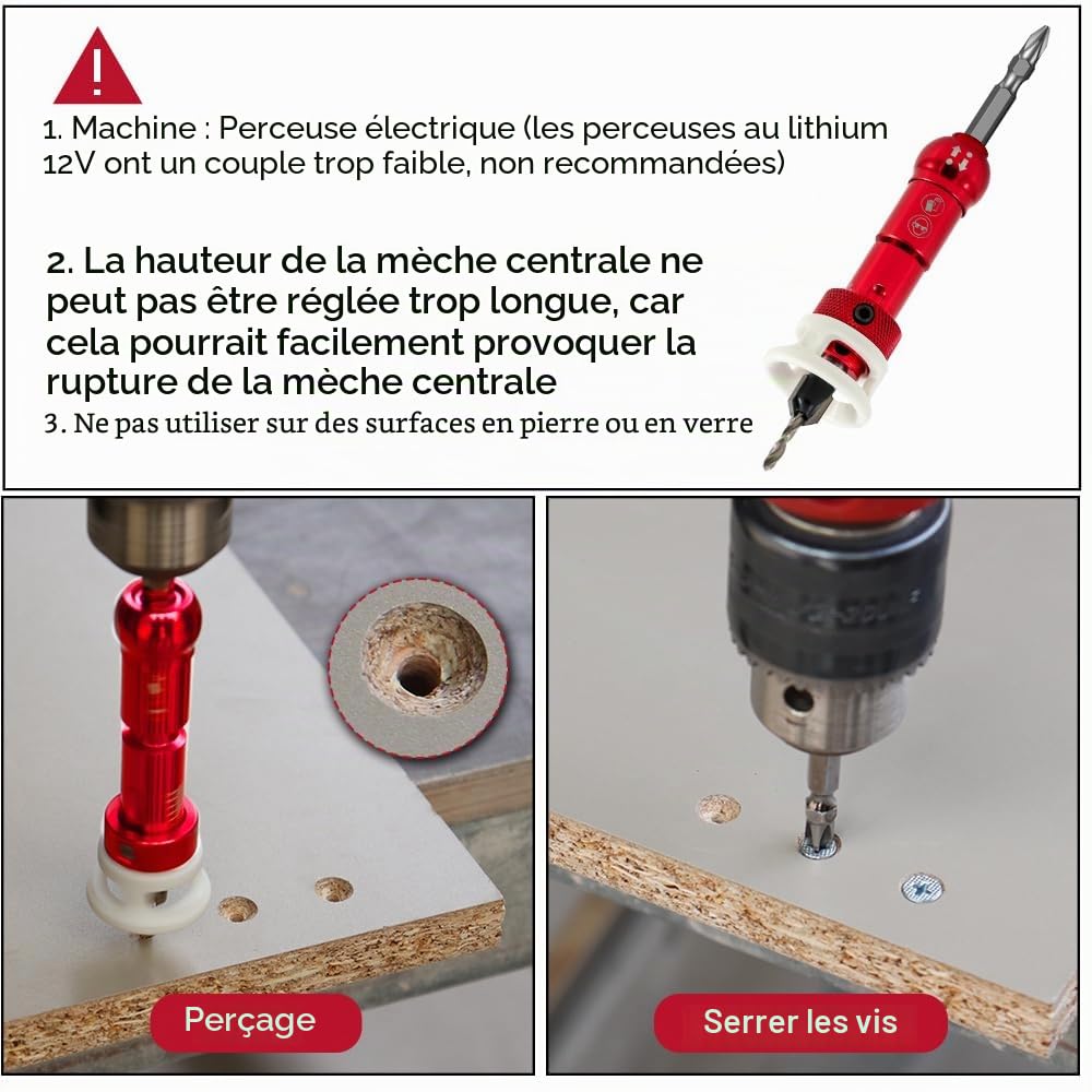 FOCSTOL Foret avec Fraisoir Contre-alésage - 5 Pièces 3,2/3,6/4/4,4/4,8mm Jeu de Foret à Fraise Bois de Profondeur Réglable à 82 Degrés avec Queue Hexagonale 6,35mm pour Bois Plastique