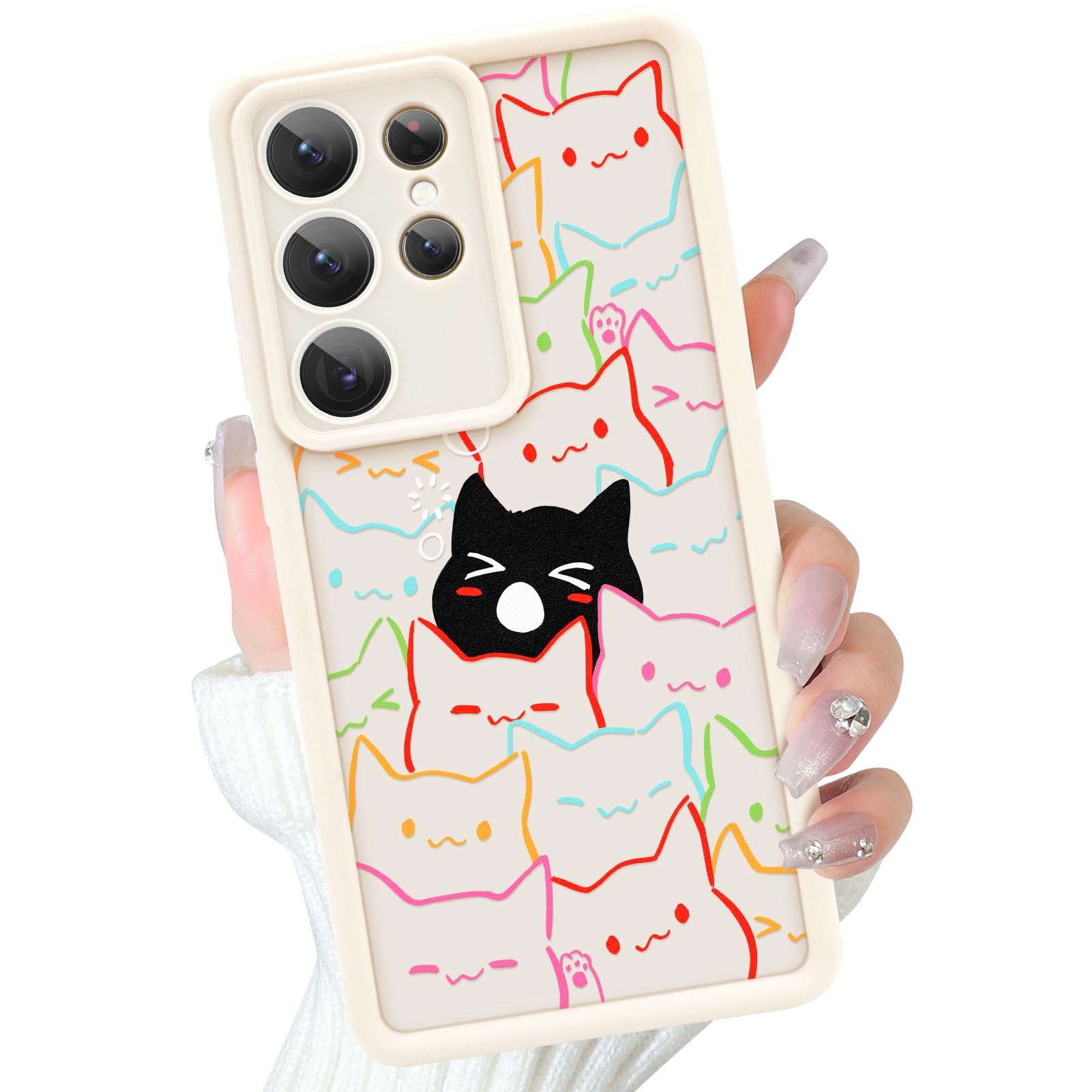 Bonita funda para Samsung Galaxy S25 Ultra con diseño de gato y gatos negros para mujeres y niñas, diseño de animales kawaii, suave, a prueba de golpes, protección contra caídas, color blanco