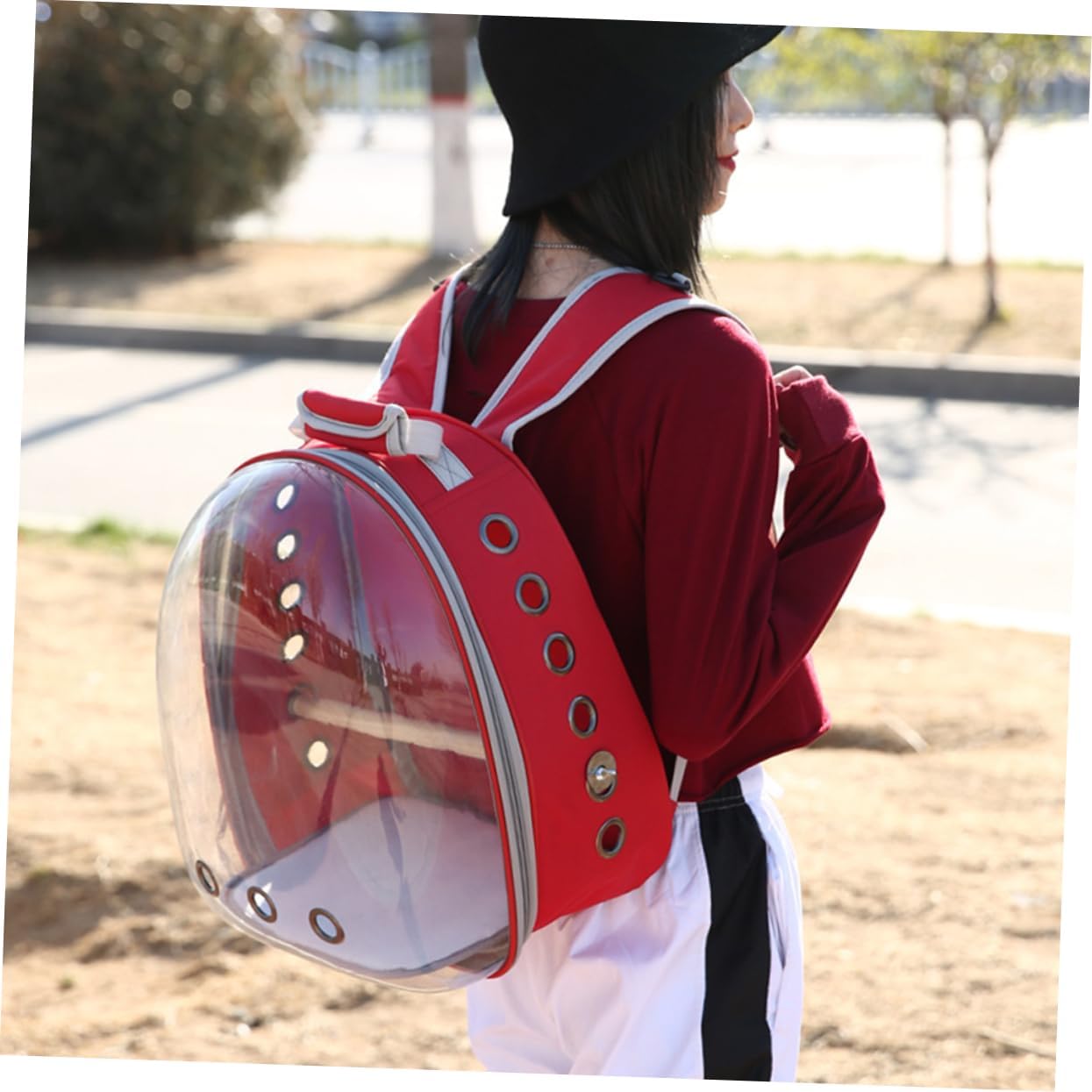 Portable Parrot Backpack Carrier Breathable Space for Outdoor Use Includes Wooden Bar for Birds Red