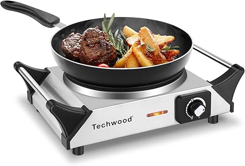 Techwood Placa Caliente para Cocinar, Estufa Eléctrica de Mostrador de 1500W Quemador Individual con Temperatura Ajustable y Asas que se Mantienen