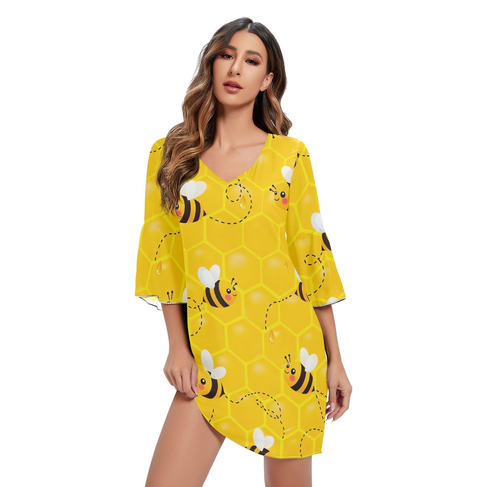 Robe de plage jaune imprimé abeilles coupe ample et tissu léger décontracté - 2