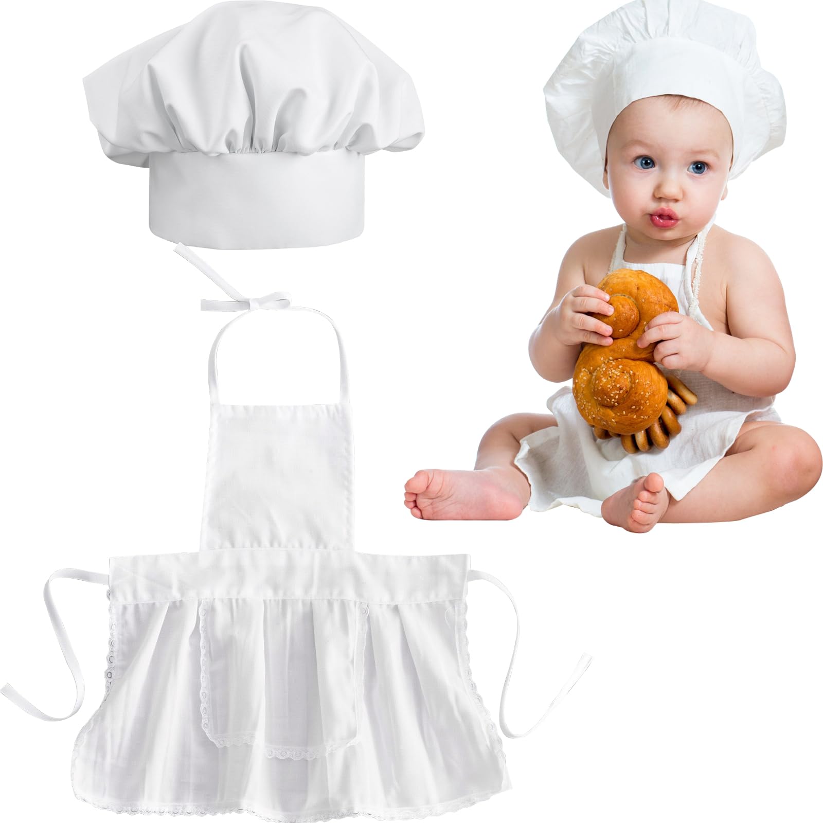 Weiße Baby-Kochmütze und Schürze, Babyschürze und Kochmütze für kleine Köche von 8–24 Monaten, Mini-Schürze als Fotografie-Requisite für Neugeborene, Kleinkinder