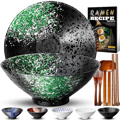 8 Pulgadas Juego De 2 Tazones De Cerámica Para Ramen De(9 Piezas) - Tazones Grandes De Porcelana Para Ensaladas Fideos Cereales Con Recetas Palillos Tenedores Y Cucharas Para Apto Para Lavavajillas