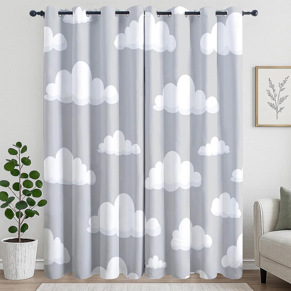 Rideau Occultant Gris Clair, Rideaux Nuages Chambre d'enfant, Rideau Thermique Anti Froid pour Salon Chambre Decoration, Lot De 2 Draperies,A,140x280H cm (2 Panels)