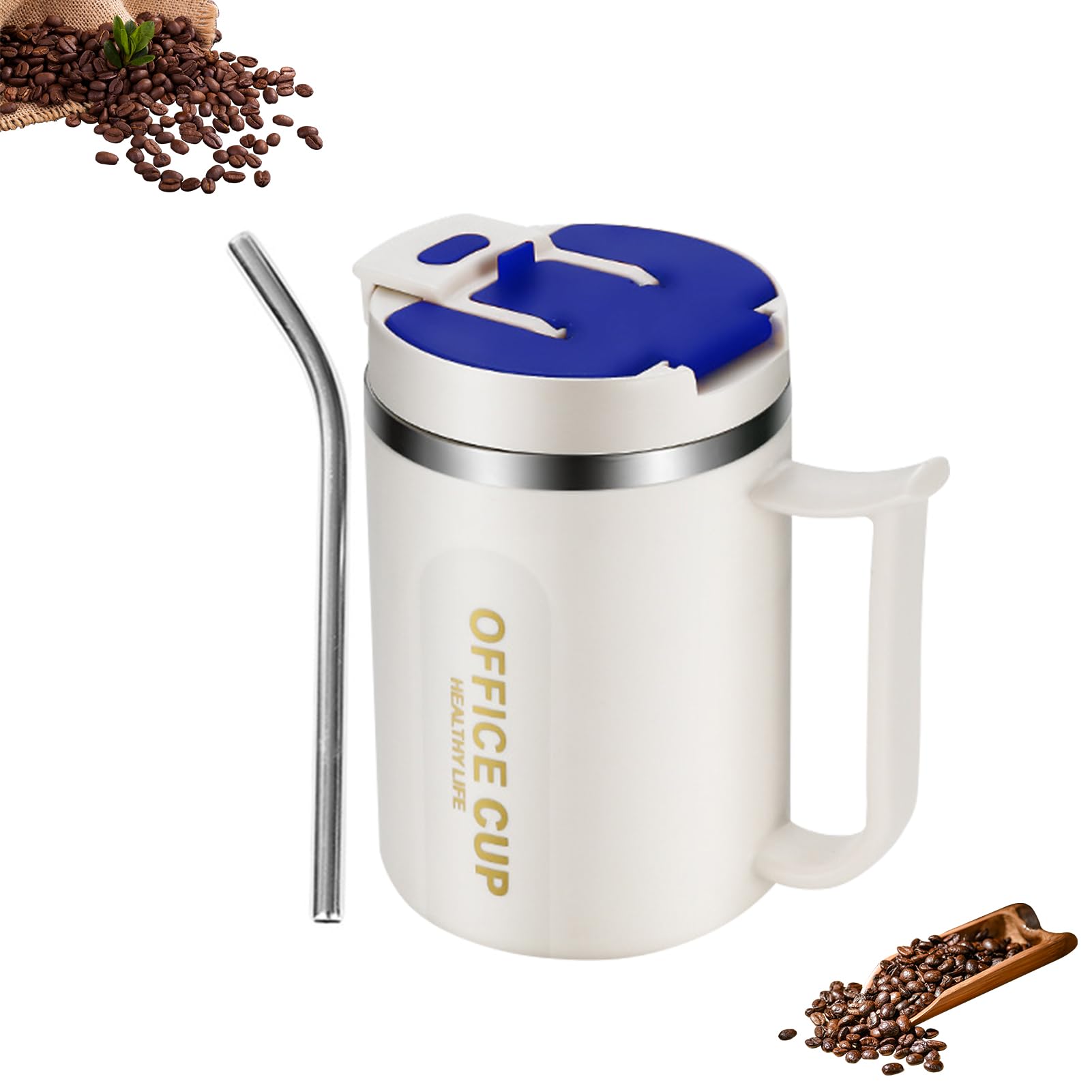 Thermobecher mit Henkel Thermo Kaffeebecher To Go, 500 ml Edelstahl Thermotasse mit Deckel und Strohhalm, Coffee to go Becher, Coffee Mug Thermotasse für Unterwegs Umweltfreundlich (blau) Küche, Haushalt & Wohnen