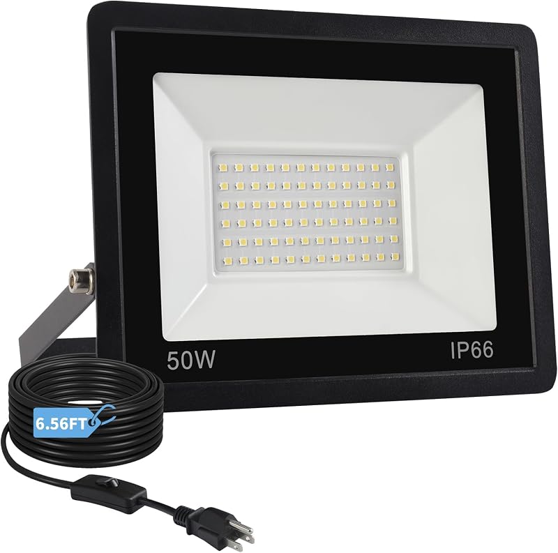 50W Flood Lights Outdoor,8000LM Bright LED Work Light,IP66 Waterproof Outdoor Lights with Switch and 6.5FT Plug,6500K Daylight White Outside Lights for Yard，Garage,Garden,Stadium