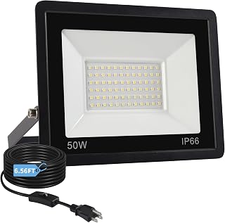 50W Flood Lights Outdoor,8000LM Bright LED Work Light,IP66 Waterproof Outdoor Lights with Switch and 6.5FT Plug,6500K Daylight White Outside Lights for Yard，Garage,Garden,Stadium