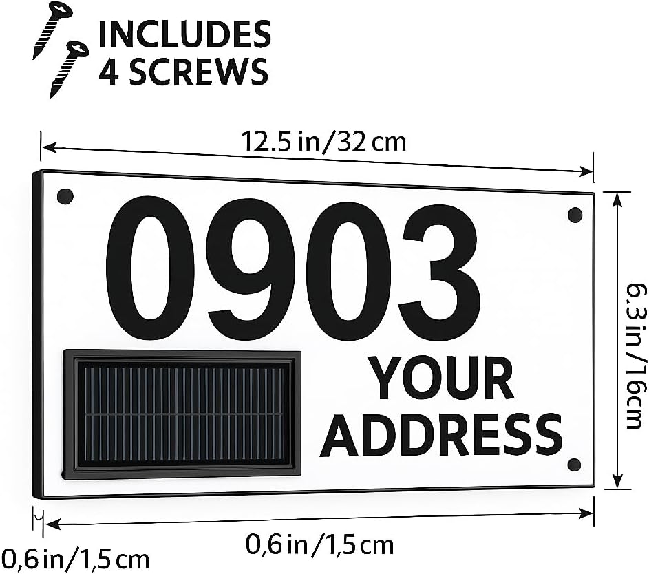 Solar Powered House Number Sign – Waterproof LED Address Plaque with Lighted Numbers – Custom Solar Door Plate for Home, Yard, Apartment, or Business – No Wiring Required (01)