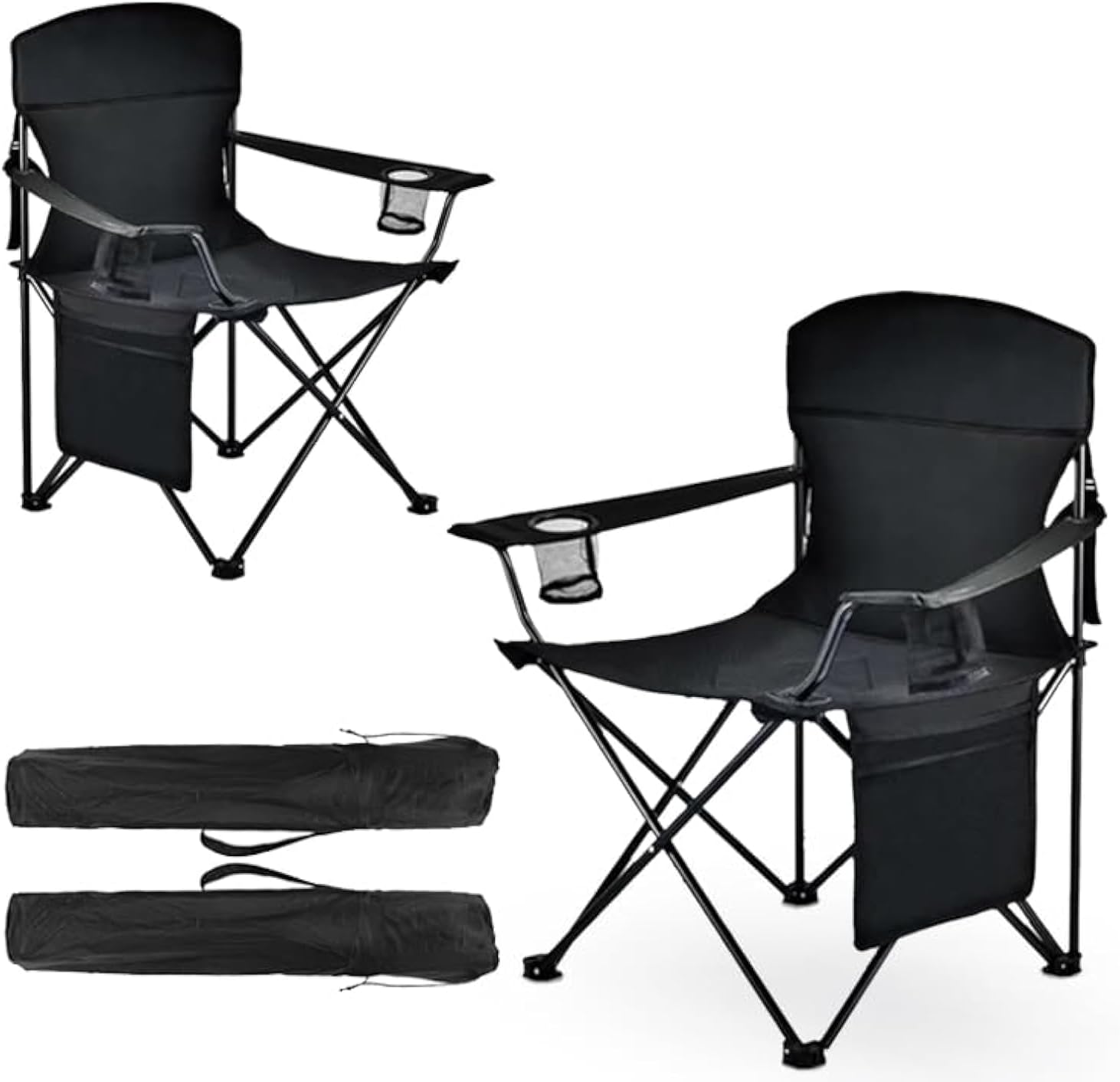 2 Pack Large Portable Camping Chair - Steel Frame, Folding Design, Storage Pockets, Cup Holder, Carry Bag - Ideal for Beach, Fishing, Tailgating, Outdoor Sports - Carry Bag (Upgraded Black 2pcs) Thumbnail