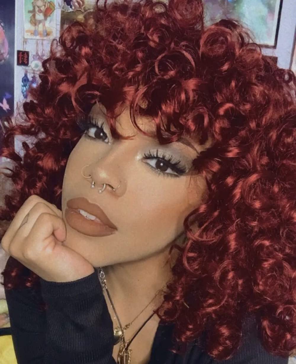 Amazon Com Menoqi Short Wine Red Curly Wigs For Black Women 14 Fluffy Burgundy Curly Wig With Bangs Natural Looking Heat Resistant Synthetic Hair Wigs For Daily Party Wig222b Beauty