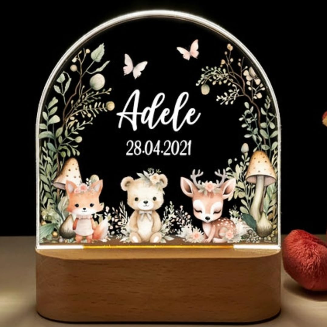 Fallover Personalised Baby Boys Girls Gifts, Custom LED Night Light Lamp for Babys Nursery - Cute Animals Design, Personalised Kids Sleep Light for Daughter, Son, Niece, Granddaughter, New Baby (14)