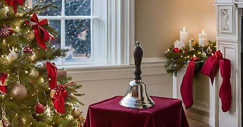 PARIJAT HANDICRAFT Campana de llamada de mano con acabado de níquel martillado con mango de madera, campana de cena de latón de 11 pulgadas de