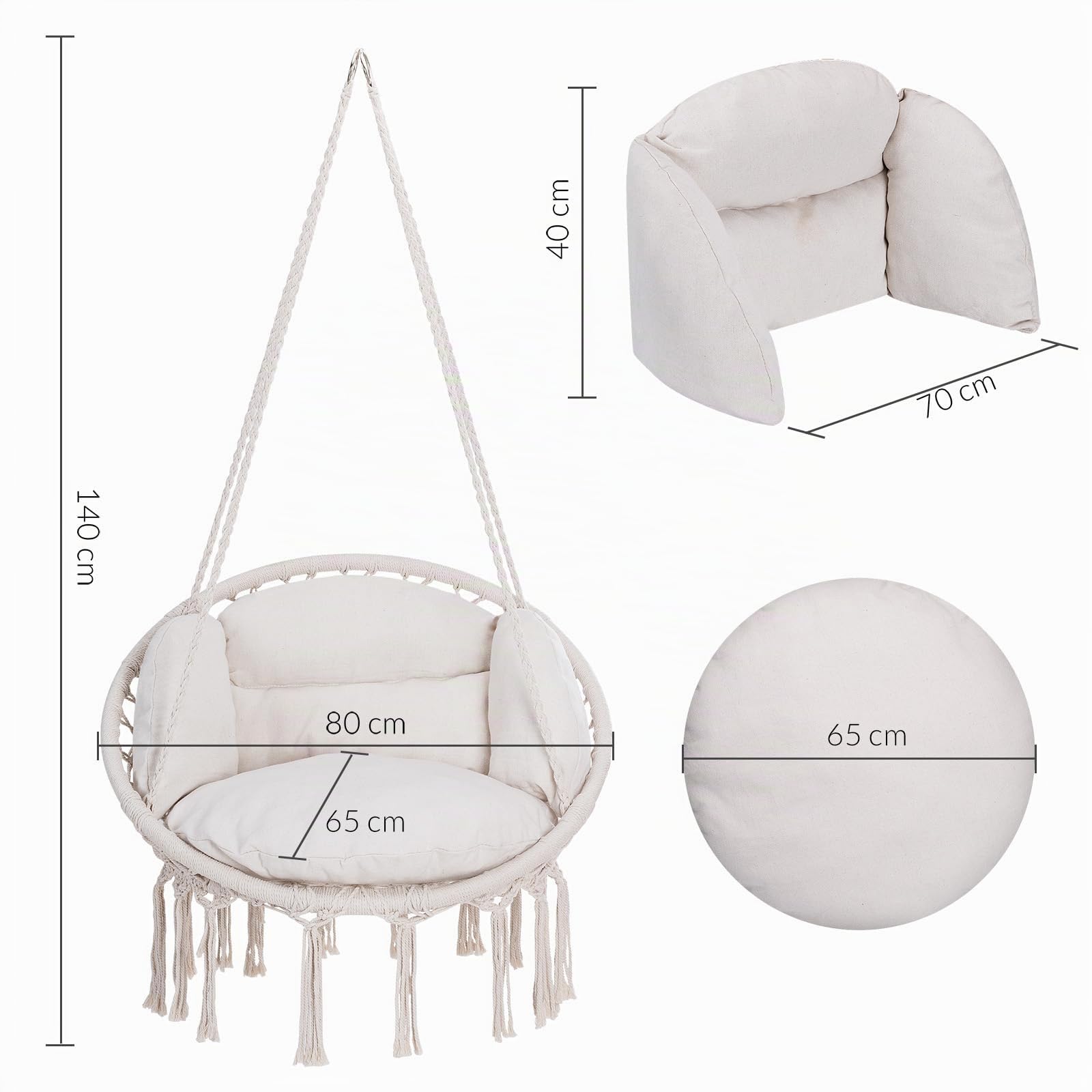 DETEX® Sedia Sospesa 2 Cuscini a Dondolo Max 150 kg Ø 60 Certificato GS cm Resistente per Interni Esterni Design Boho Poltrona da Appendere