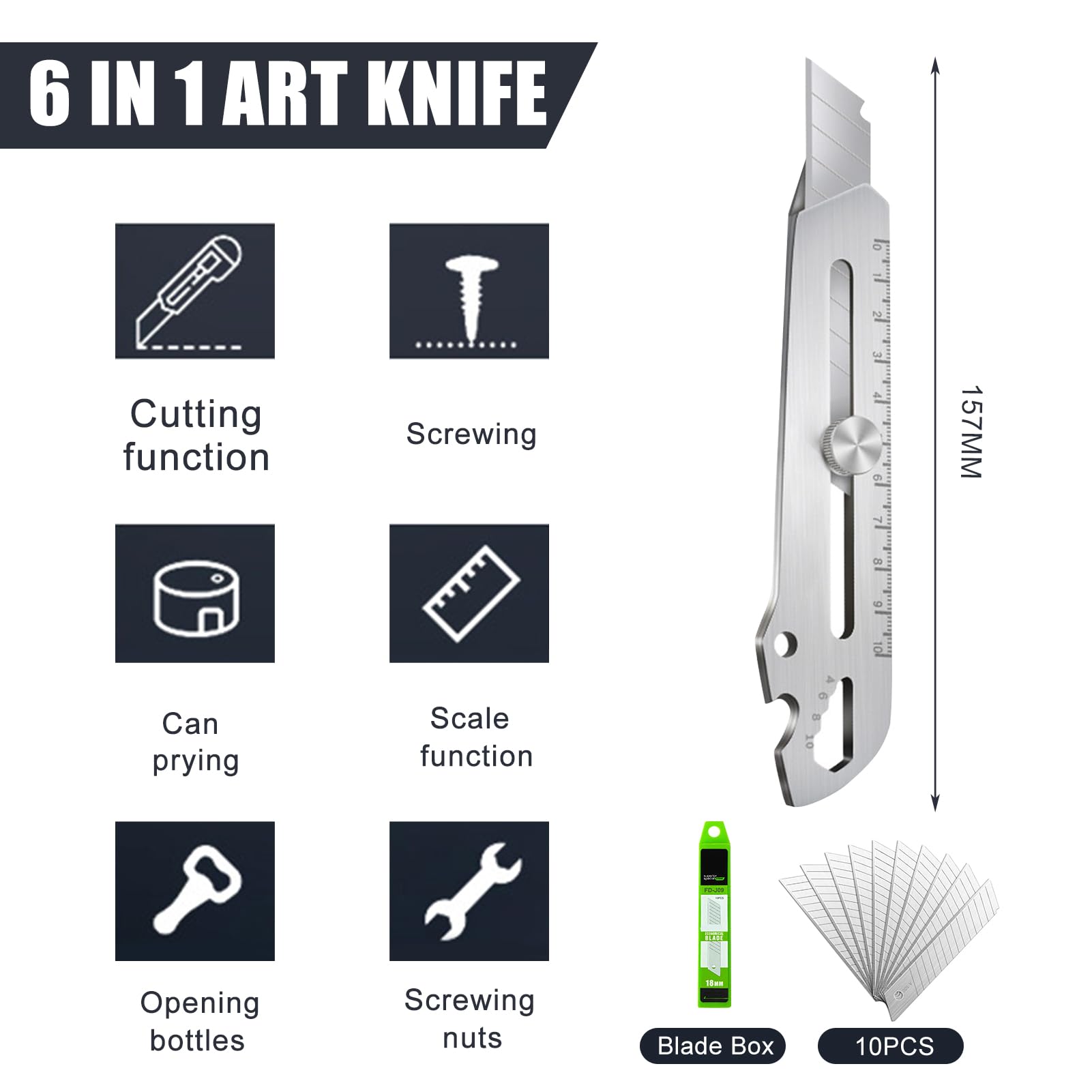 Schweres Mehrzweck Cuttermesser, Cuttermesser Profi Edelstahl Mit 10-teiligen SK5-Klingen, Robust Und Ultrascharf, Teppichmesser Druckguss Cutter Messer Für Heimwerk & Gewerbe (Messer-10pcs)