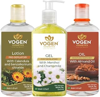 Skin Care Essentials - Before and After Hair Removal - 1 Pre Depilatory Cleanser Lotion – 1 Almond Oil Moisturizing Wax Remover - 1 Post Waxing Cooling Gel Menthol & Chamomile Body Softens & Soothing