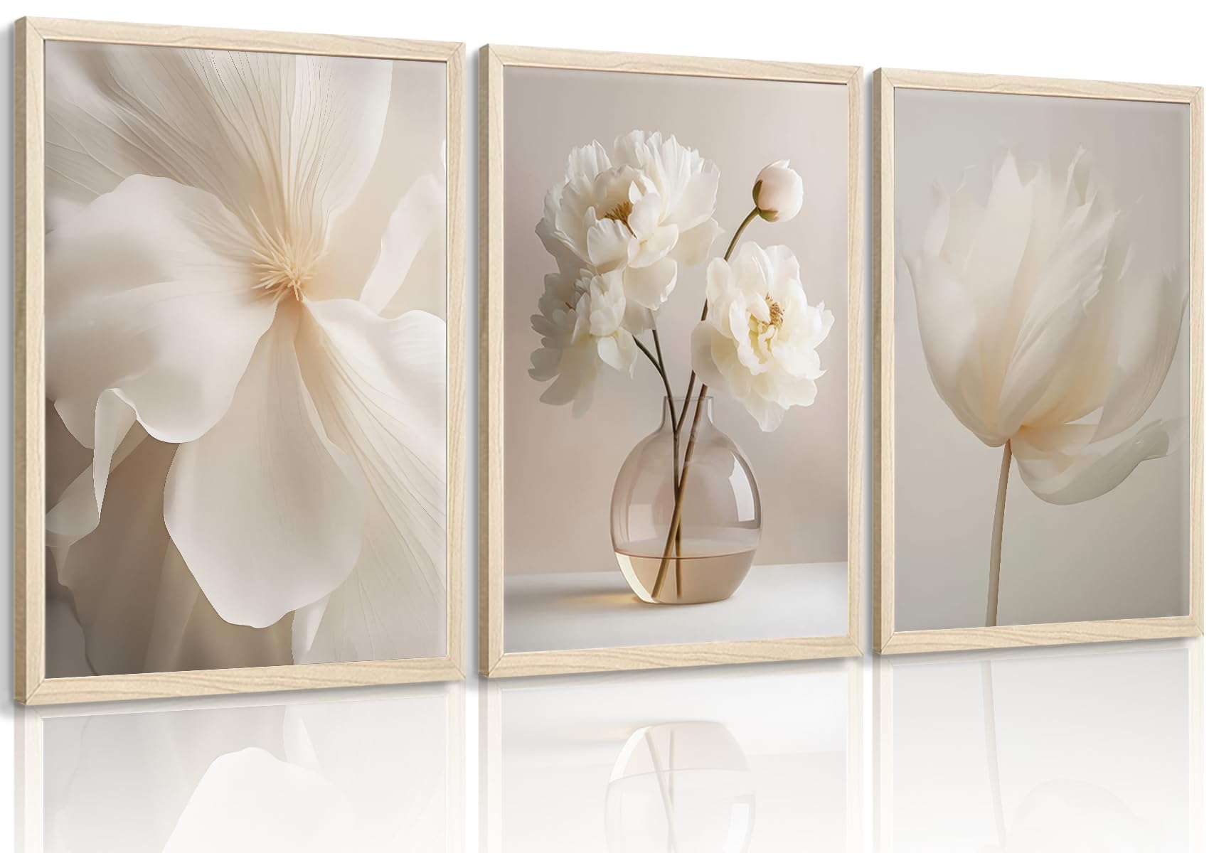 3 piezas de arte de pared de peonías blancas, decoración de pared floral beige, neutro, moderno, estético, impresiones en lienzo, perfecto para galería, dormitorio, sala de estar, decoración de pared