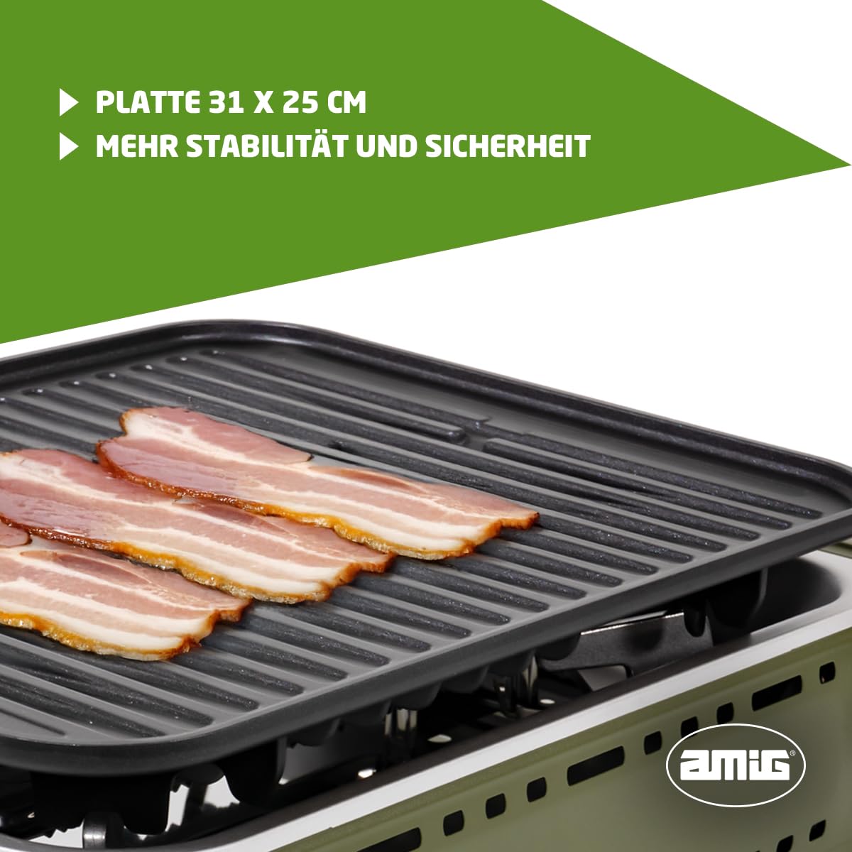 Amig - Camping Gas BBQ01, Tragbare Küche, Grillkocher - Aluminiumguss Grillplatte, Mit Edelstahl-Fettauffangschale, 1,8 kW Leistung, Kompatibel mit B-250 Kartuschen