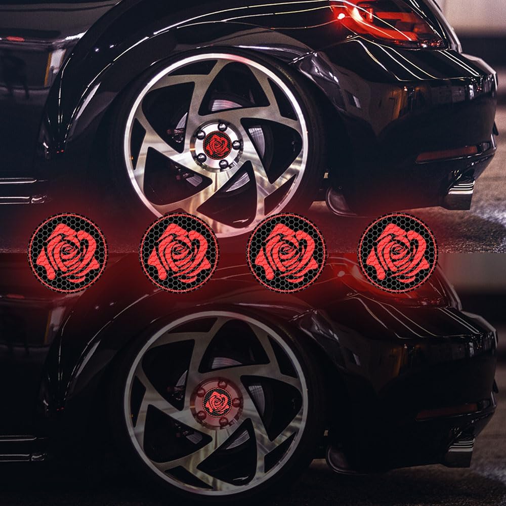 4pcs Rose Car Wheel Hub Stickers-High Reflective Rose Flower Vinyl Decal for Car Hub Center Car Window Bumper, Self-Adhesive Decor Sticker Night Safety Reflector, Bumper Stickers (Red) image 2
