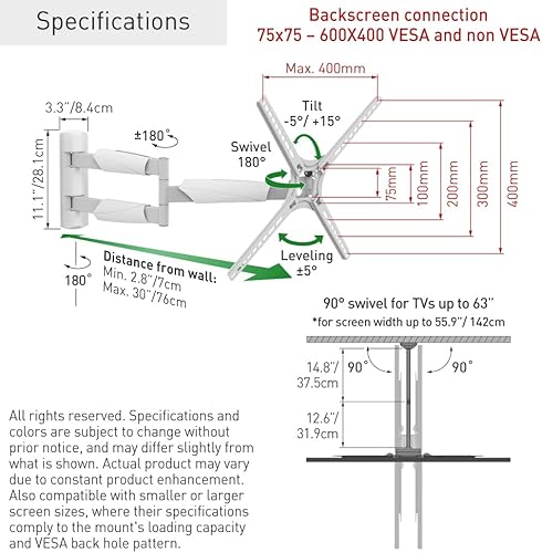 Miniatura 10 de Barkan Soporte de pared largo blanco para TV, articulado de movimiento completo de 13 a 65 pulgadas, soporte de pantalla planacurva, soporta hasta