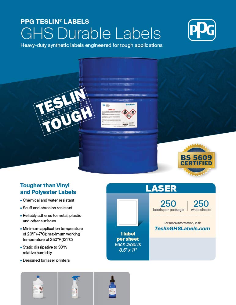PPG Teslin 8011336 GHS Chemical Drum Labels for Laser Printers, Durable