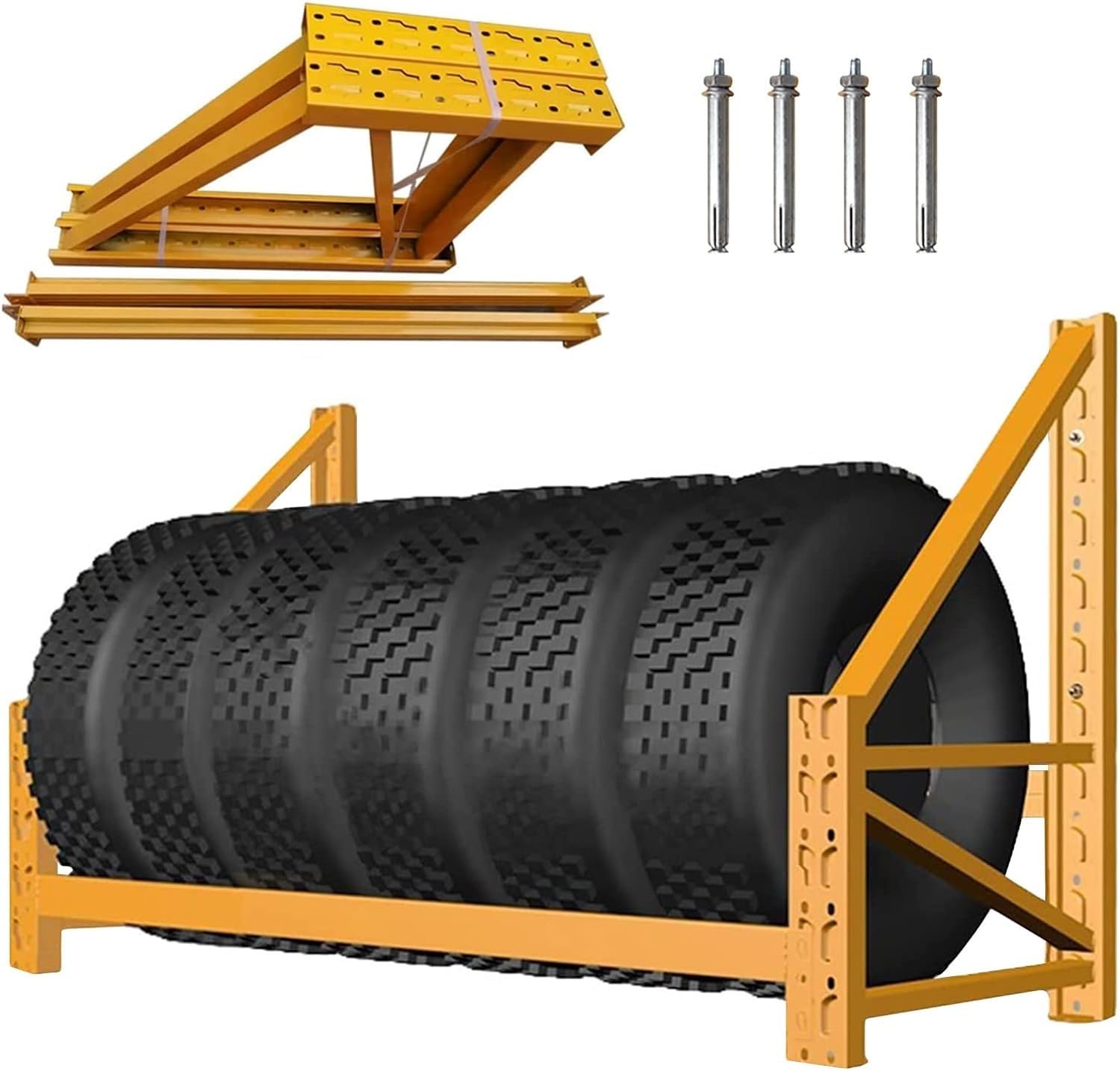 Porta Pneumatici con Ruote, Porta Pneumatici, Porta Pneumatici, ripiano Multi-Pneumatico Giallo, Porta Pneumatici in Metallo per Garage, Supporto da Parete per Porta pneu,150cm/59in