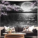JAWO Moon Ocean Tapestry, Cool Asian Anime Tapestry Wall Hanging, Japanese Art Cherry Blossom Decorations Nature Tapestry for Bedroom Living Room College Dorm Decor 60X40 Inches
