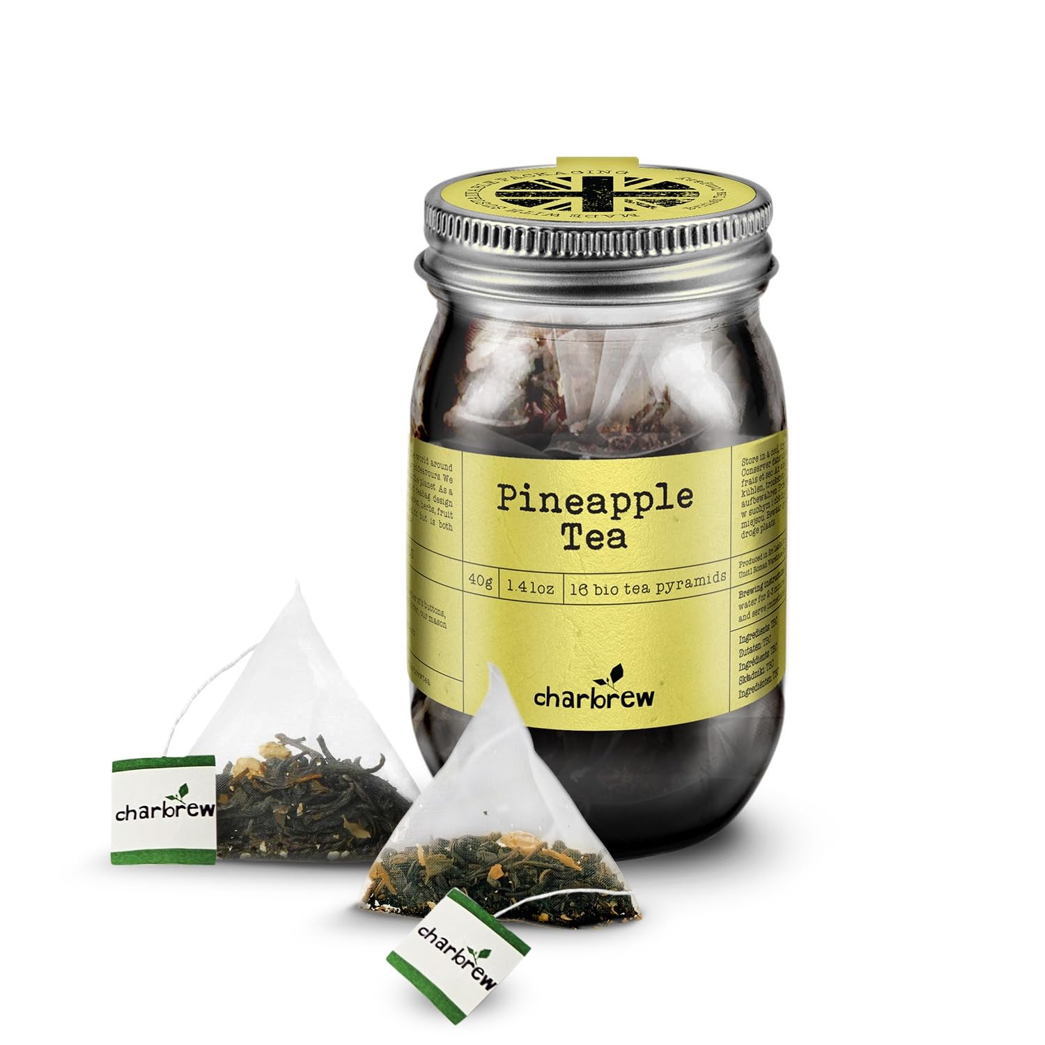Charbrew Pineapple Tea - 16 Fine Mesh Pyramid Teabags with String & Tag in Reusable Glass Mason Jar | Premium Green Tea Blend with Apple, Pineapple, Ginger & Lemongrass