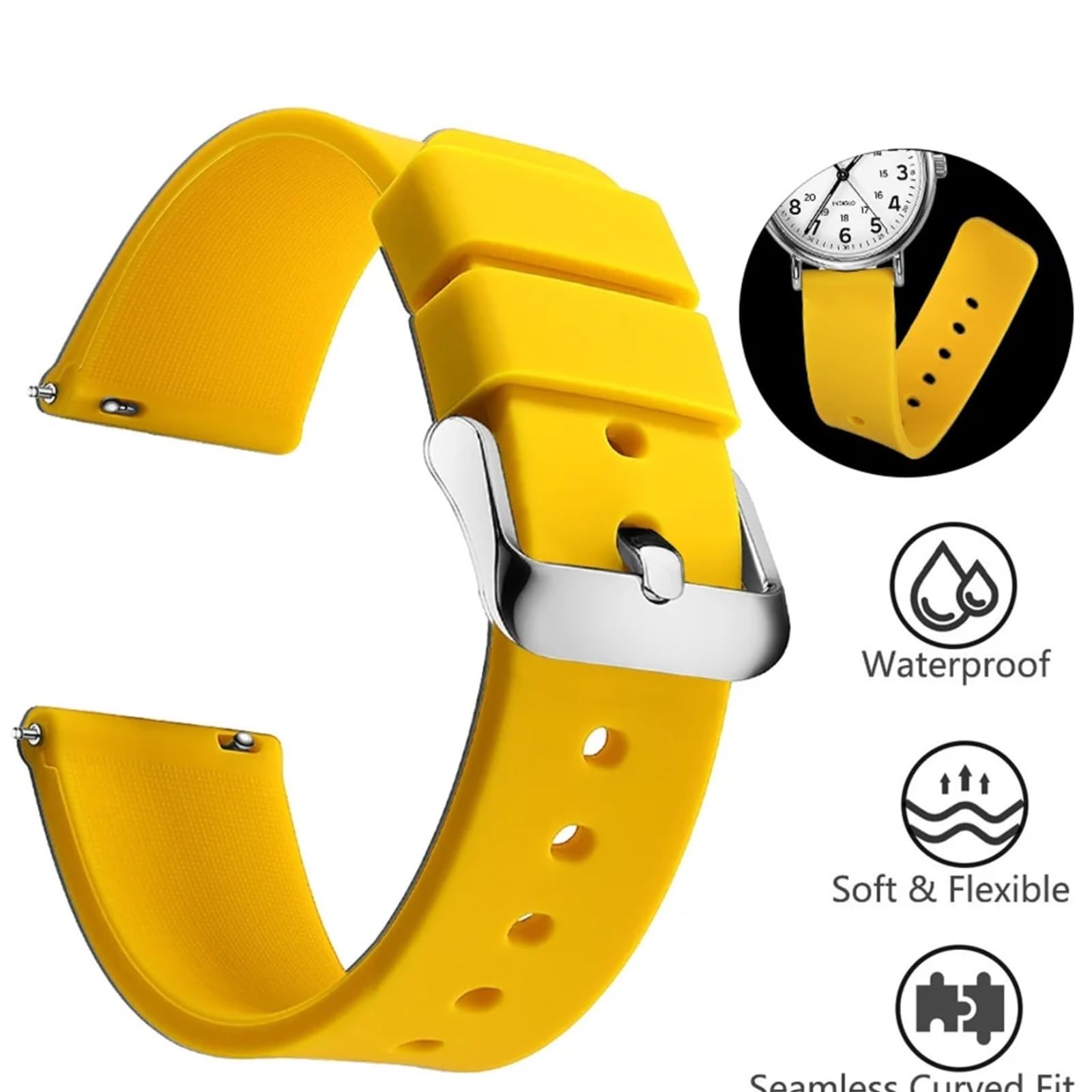 Bracelets de montre en silicone 14/16/18/19/20/21/22/24 mm - Bracelets de montre en caoutchouc souple à dégagement rapide (jaune, 22 mm)