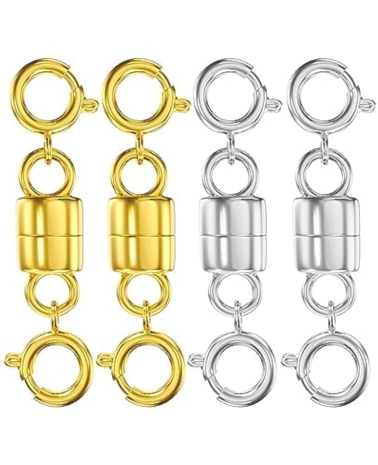 Clysoru Magnetic Necklace Clasps and Closures 14k Gold and Silver Two Spring Clasps Beads Chain Extender Necklaces Bracelet Safety Magnetic Locking Jewelry Clasp Converter (4 pcs Gilding+Silvery)