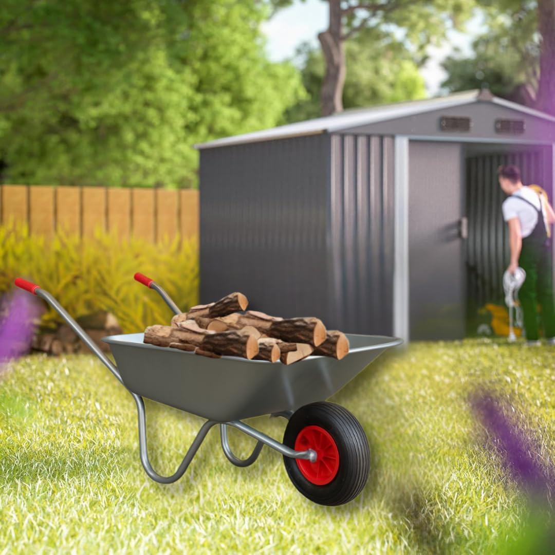 Carriola da Giardino 65L – Telaio in Acciaio Zincato, Ruota Pneumatica 4.00-6 Camera d’Aria, Portata 80kg – Ideale per Giardino,stalla,Cantiere