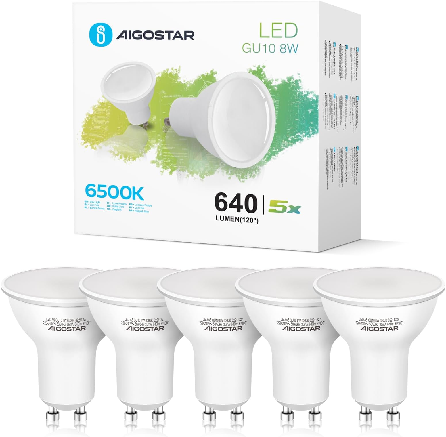 Aigostar GU10 LED Bulbs Cool White, 8W 6500K 640 Lumen, 5 Pcs/Box, 100° Beam Angle, Flicker Free