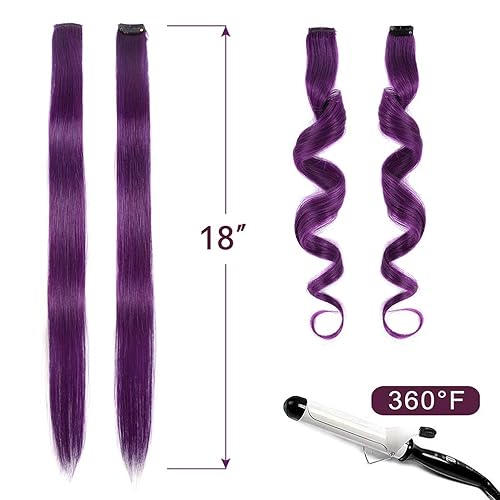 Miniatura 4 de Winsky Extensiones de cabello morado con clip  100% cabello humano real de color para niñas, piezas de cabello de Halloween, 5 piezasjuego (18