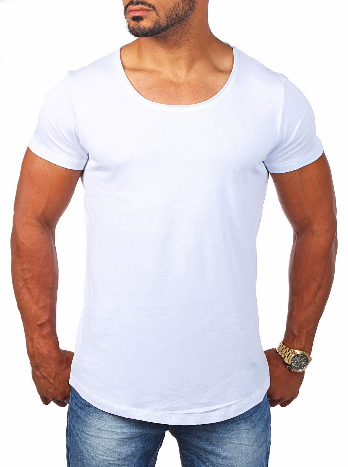 Young & Rich Herren Uni T-Shirt mit tiefem Rundhals Ausschnitt einfarbig körperbetontes Basic Tee Vintage Look - 1702 5er Pack