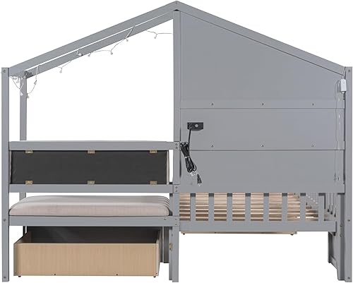 Miniatura 149 de RUNNA Marco de cama de madera de tamaño matrimonial con valla, para niños, adolescentes, niñas, niños, (Natural-Thinck 4col) Natural-Thinck