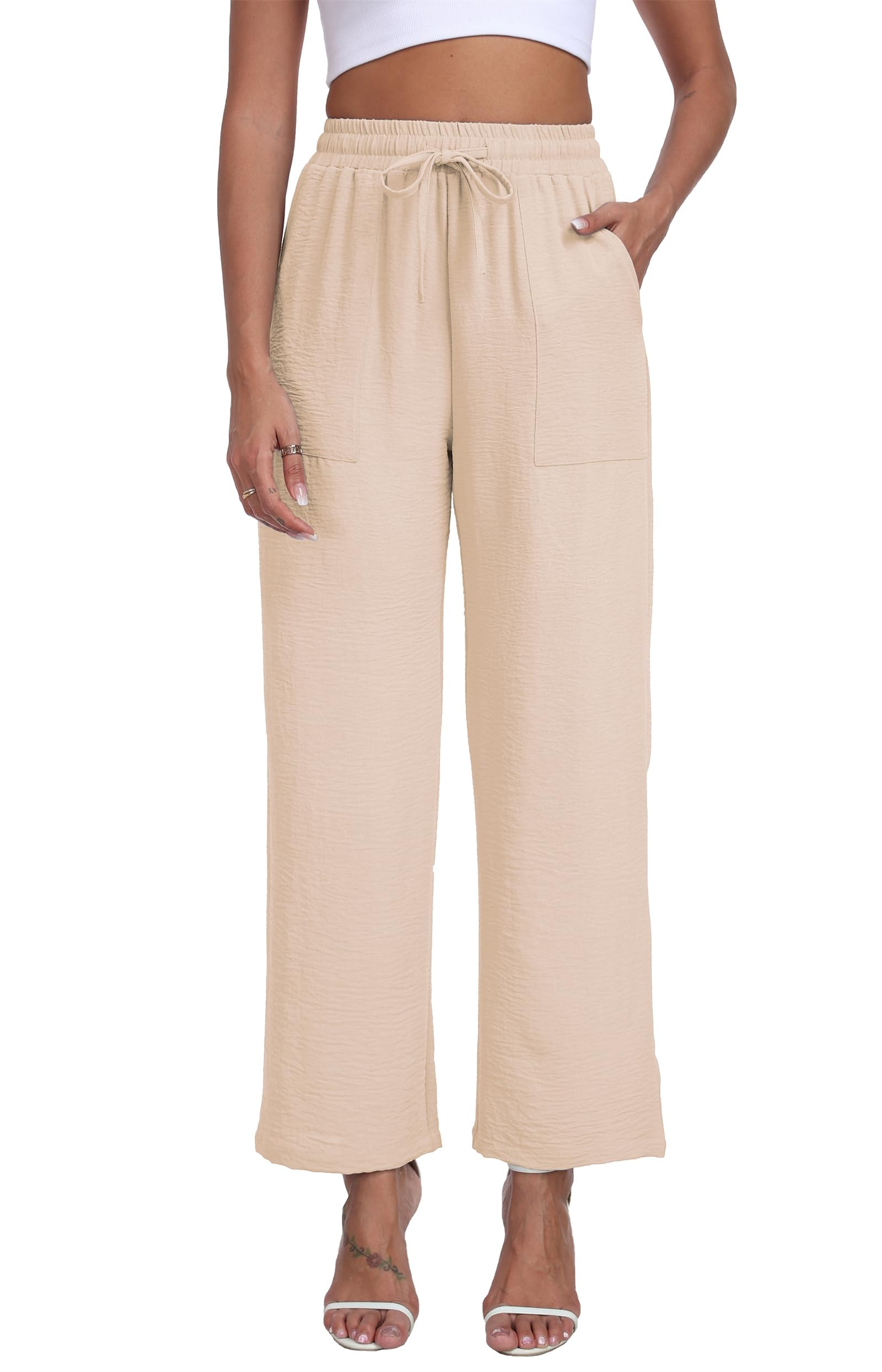Women's Wide Leg Pants High Waist Adjustable Knot Loose Casual Trousers Business Work Casual Pants with Pockets