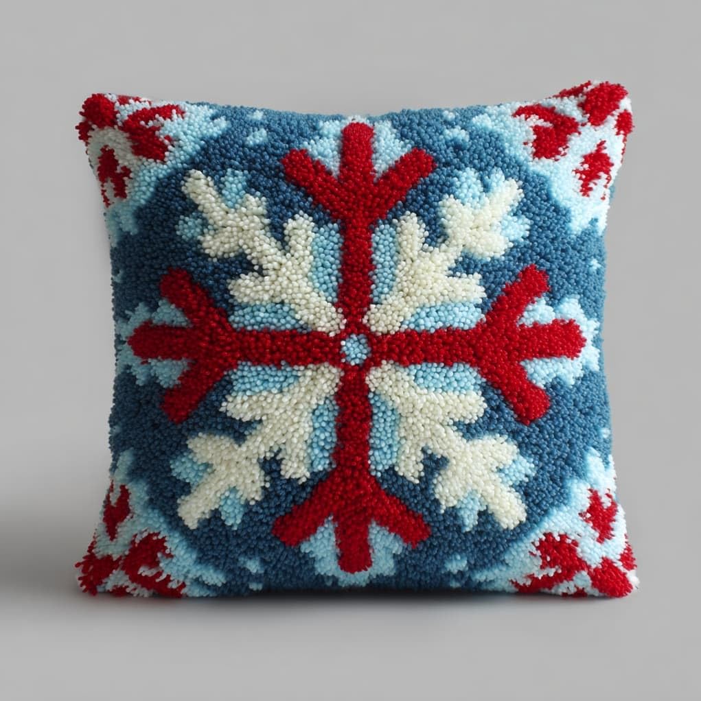Henypt DIY Latch Hook Cushion Kit,Snowflake 43x43cm Sofa Pillow Cover Making Set,Premium Yarn & Printed Canvas with Clear Instructions