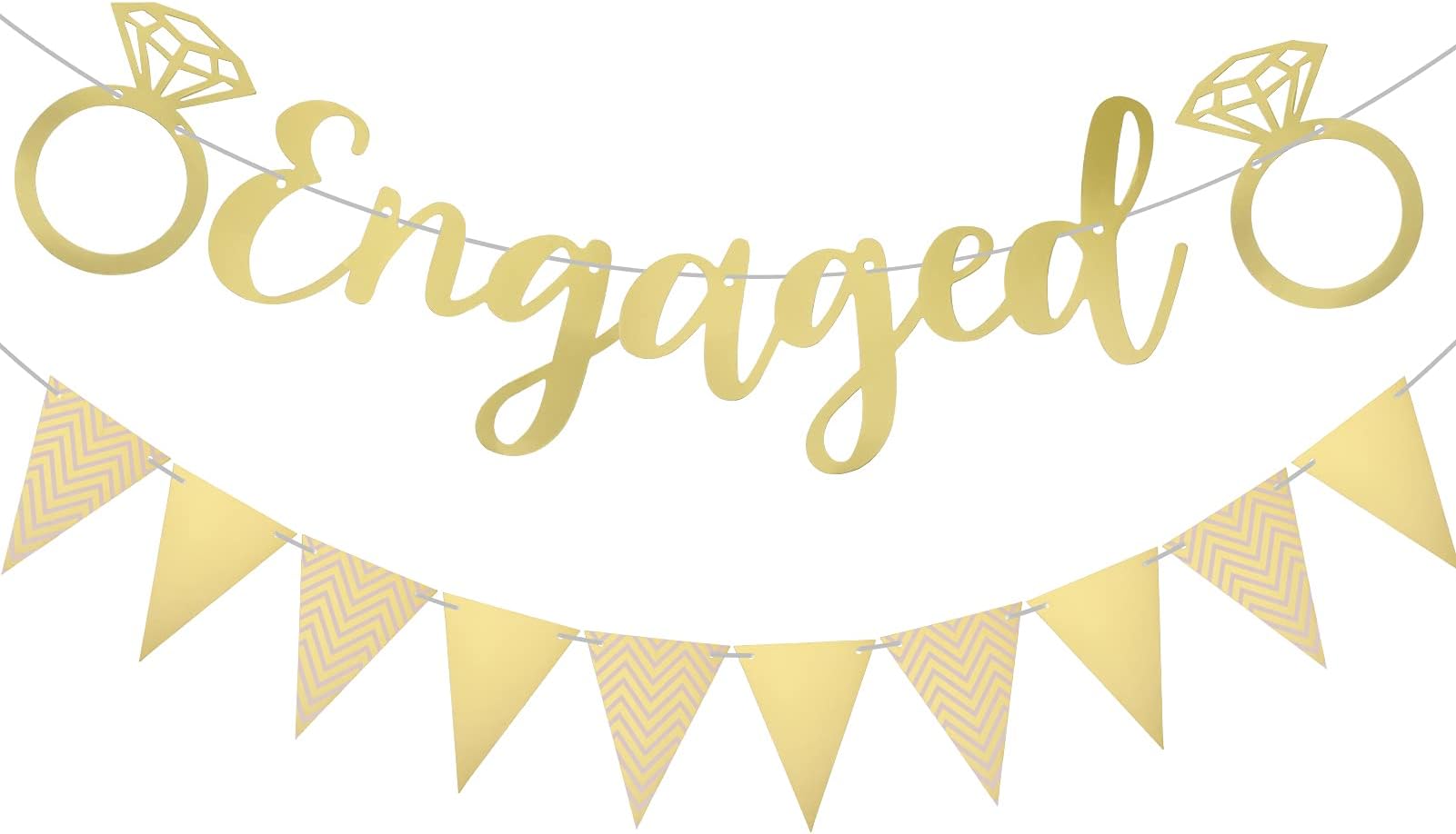 Pinenuts 2 Pcs Gold Engagement Banners, Engaged Bunting Letters & Diamond Ring Party Decoration Props for Wedding, Proposal Engagement Party