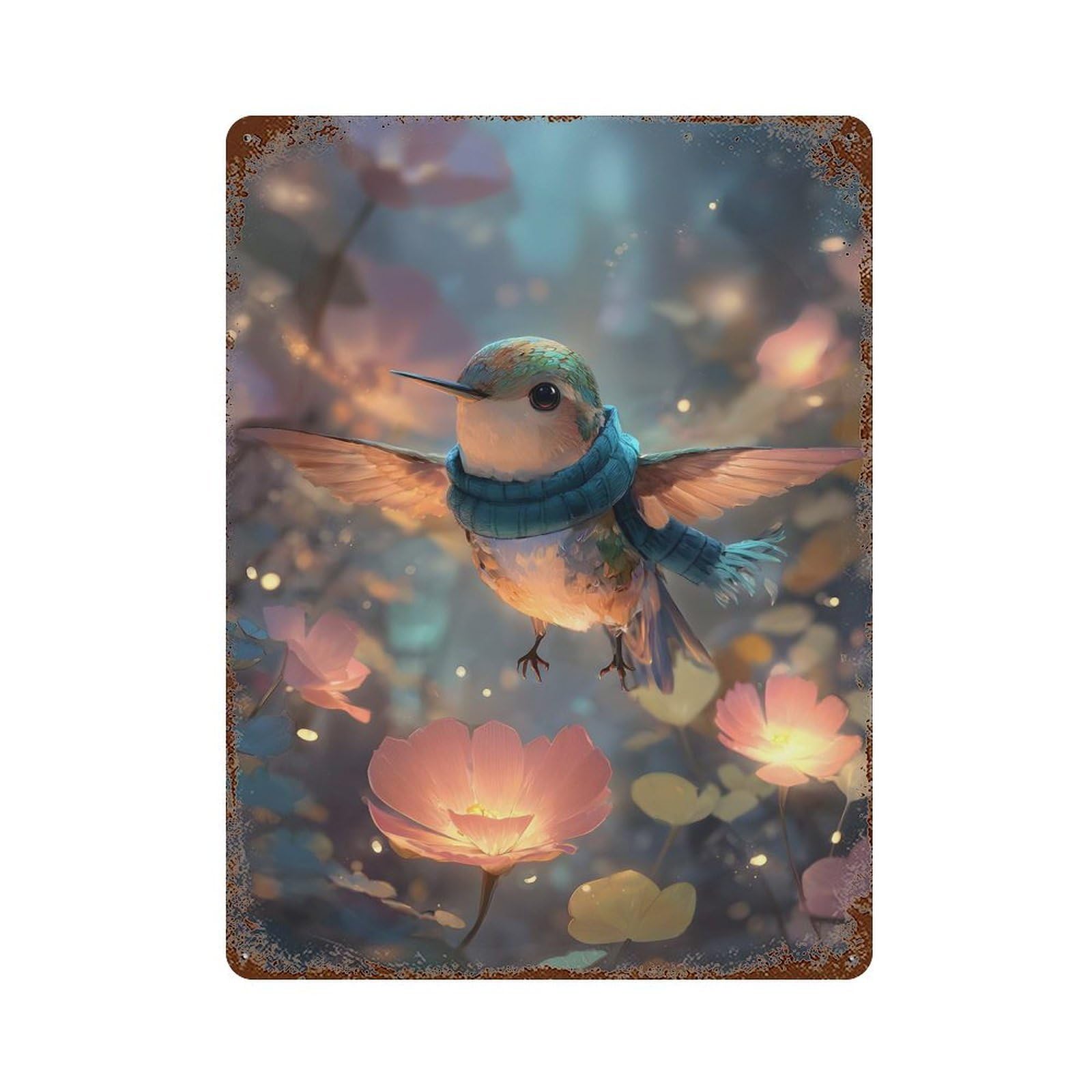Rust Effect Hummingbird with Scarf in Floral Setting Rusty Metal Tin Sign 15.7"x11.8", Rustic Home Decor for Bistro, Counter And Cafe Decor