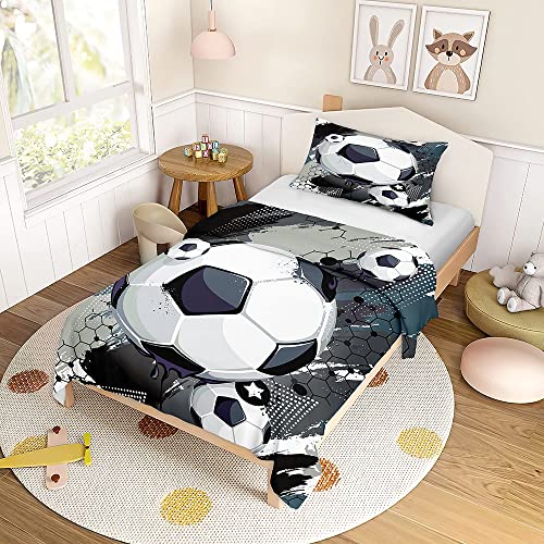 ENEN Housse de Couette Enfant, 3D Football Imprimée Parure de Lit Enfant, Housse de Couette + 1/2 Taie d'oreiller, Microfibre, Housse Couette Ado Garçon Fille (90x190cm,Football Fond Gris)
