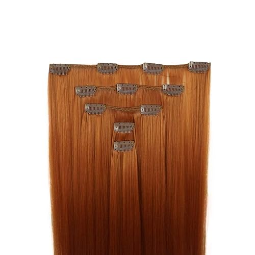 Miniatura 2 de Lydell Juego de 5 extensiones de cabello sintético con clip de 20 pulgadas de largo y lacio para mujer (12TT26 marrón con reflejos)