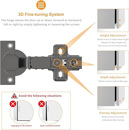 Miniatura 9 de 10 bisagras de cierre suave superpuestas de 34 pulgadas, placa de clip, 105 grados, hidráulica silenciosa, bisagra oculta europea sin marco negro