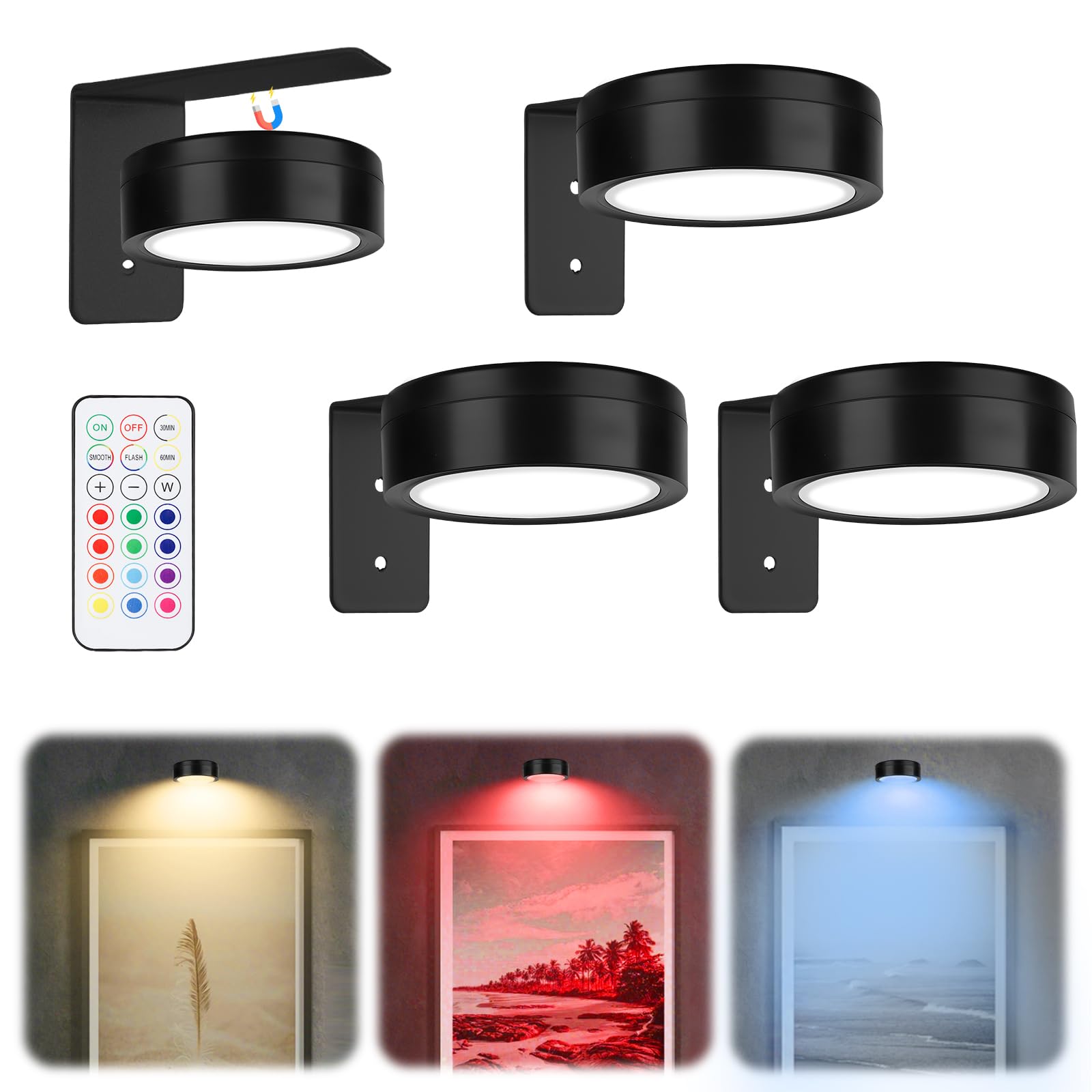 3Pcs Magnetic Picture Lights - 13 Colors Battery Operated LED Wall Lamp, with Remote Control, Adjustable light color and brightness, Wireless Wall Lights for Display Art Paintings and Poster(Black)